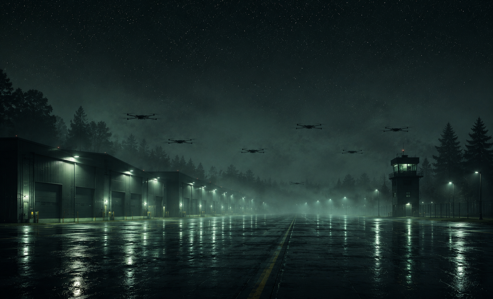 Drones operating over a dark aerospace facility runway at night
