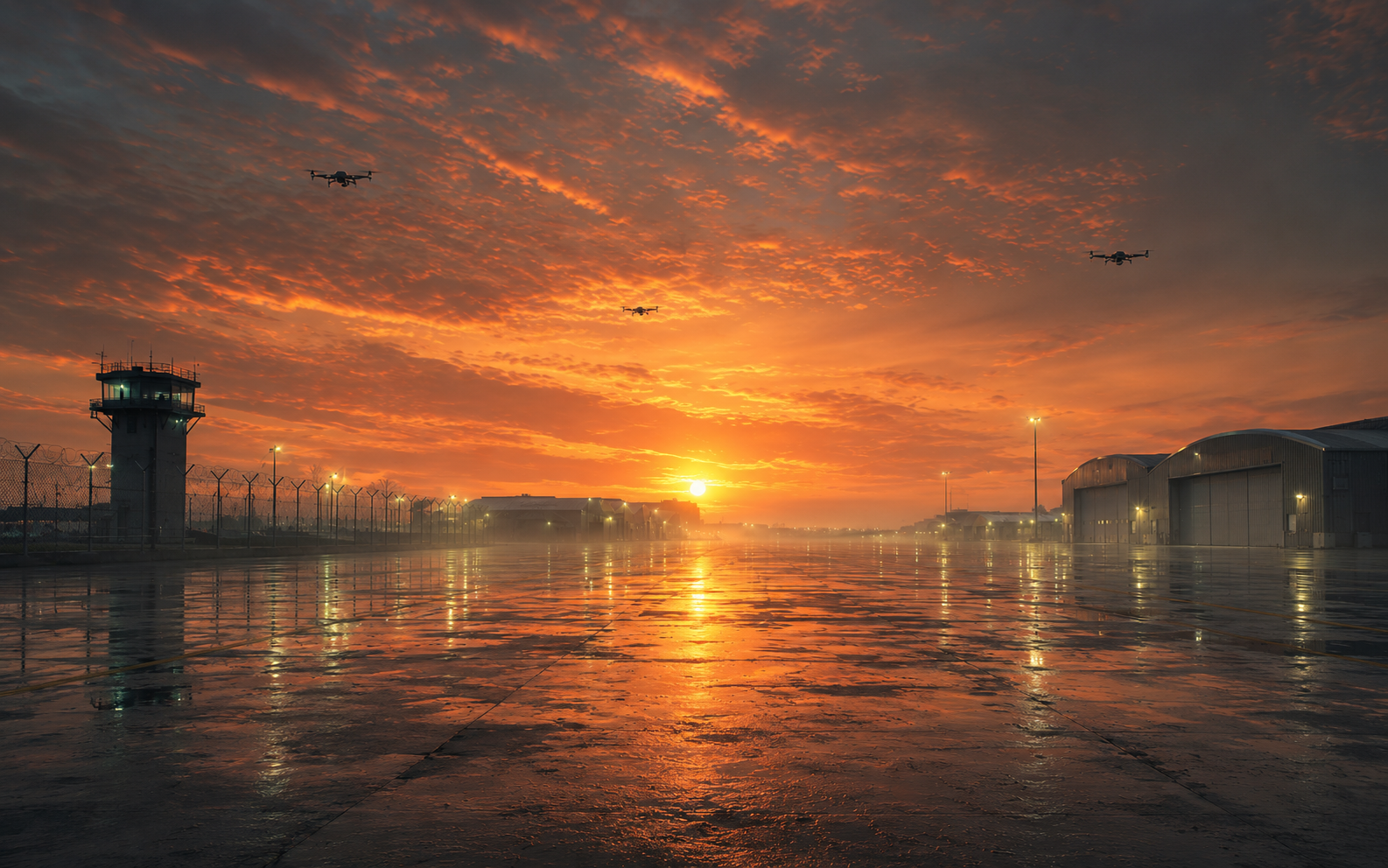 Drones flying over an aerospace runway at sunrise